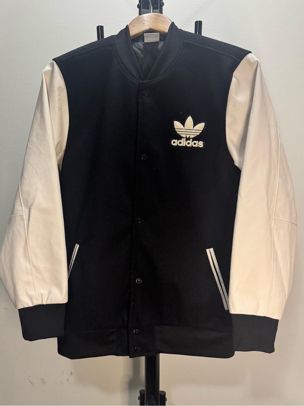 Adidas Originals Varsity Jacket Black & Cream Leather Sleeve Bomber Letterman Y2